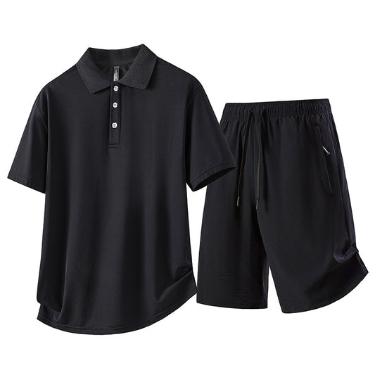 casual polo shirt set for men in black, featuring short-sleeve polo and shorts, perfect for casual occasions.