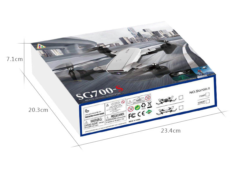 Packaging for dual camera quadrocopter SG700-S showcasing design and dimensions.