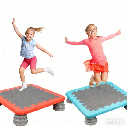 Kids jumping on MagicMeadow sensory trampoline board for kids, showcasing fun playtime and safe indoor/outdoor use.