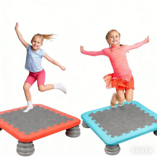 Kids jumping on MagicMeadow sensory trampoline board for kids, showcasing fun playtime and safe indoor/outdoor use.