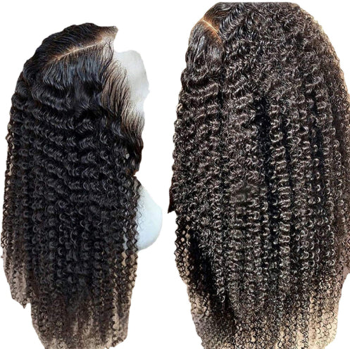 Brazilian kinky curly lace front wig showcasing natural curls and a realistic hairline, available in various lengths.
