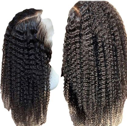 Brazilian kinky curly lace front wig showcasing natural curls and a realistic hairline, available in various lengths.
