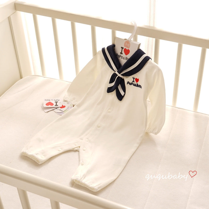 Navy style baby onesies with long sleeves and sailor collar design, perfect for newborns.