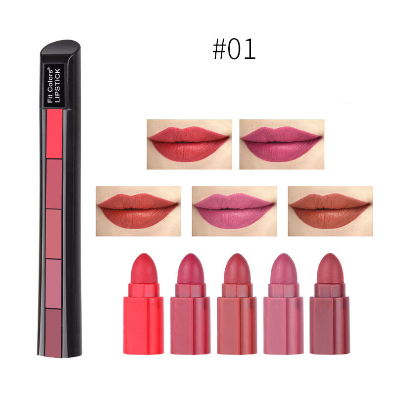 5 in 1 Velvet Matte Lipstick set showcasing five shades and swatches on lips for vibrant lip looks.