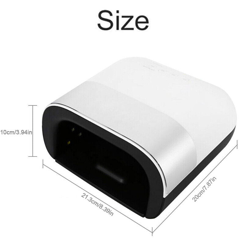 48W UV-LED nail dryer size dimensions shown in an image with measurements in inches and centimeters.