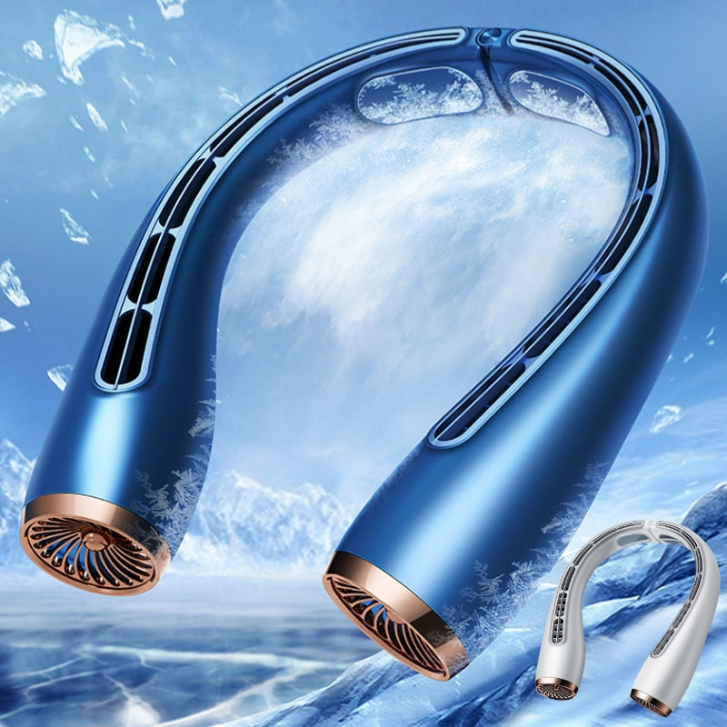 Portable bladeless neck fan designed for cooling comfort during hot summer days.