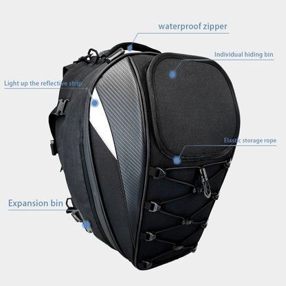 Motorcycle rear seat tail bag showcasing waterproof zipper, reflective strip, and expansion features for versatile use.