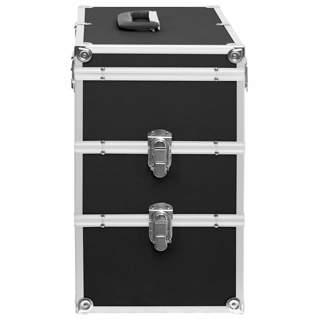 Travel cosmetic case with two tiers, black aluminum and ABS design, perfect for organizing cosmetics on the go.