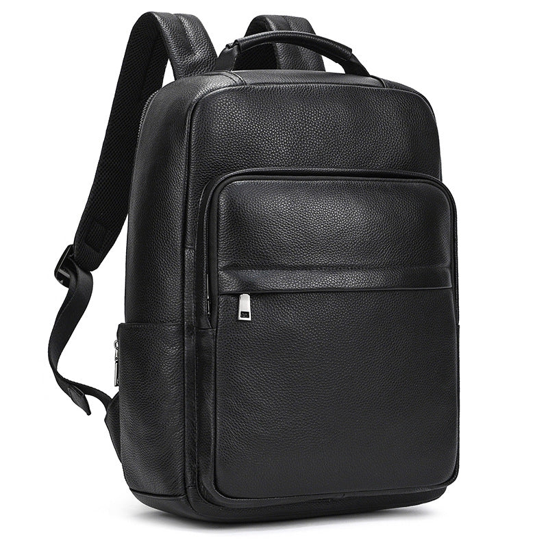 Men's genuine leather commuter backpack in solid black with curved shoulder straps and front pocket.