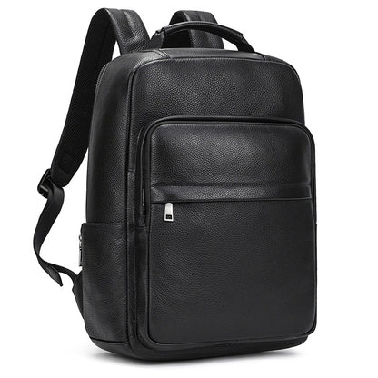 Men's genuine leather commuter backpack in solid black with curved shoulder straps and front pocket.