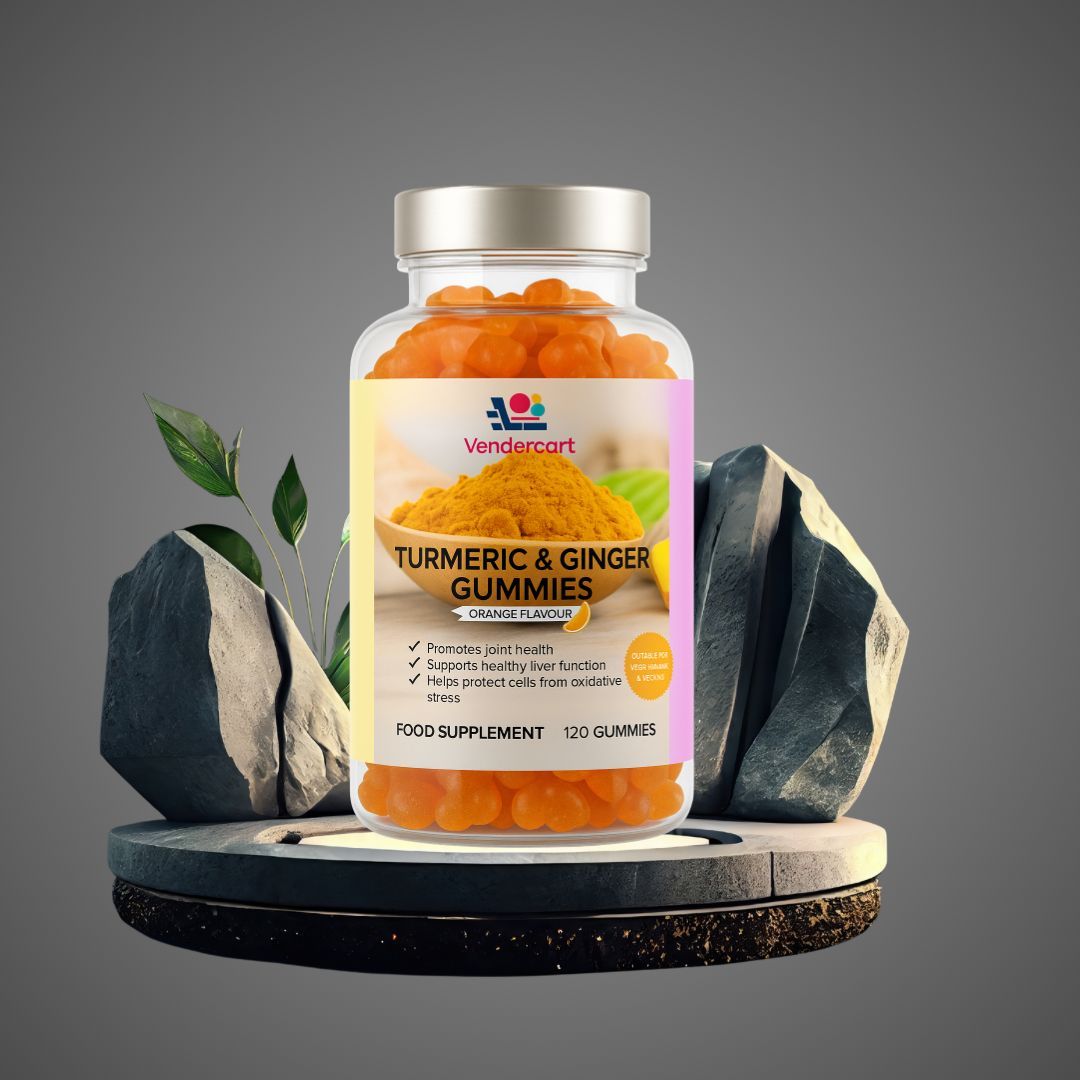 Turmeric & Ginger Gummies 120ct bottle on display, turmeric ginger gummies for joint support, vegan-friendly option.