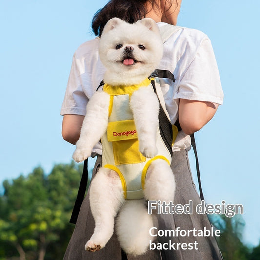 Portable backpack for pet outings with a fitted design, comfortable backrest, and a small dog comfortably secured.