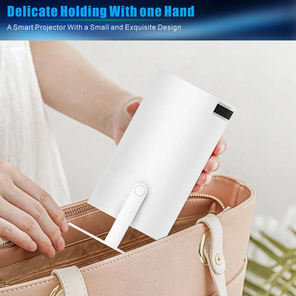 A person holding a compact 5G 4K Projector Smart HD LED WiFi Bluetooth HDMI USB Android Office Home Theater.
