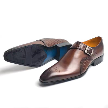 High-quality leather shoes for men in brown, featuring pointed toe, buckle, and stylish design suitable for business occasions.