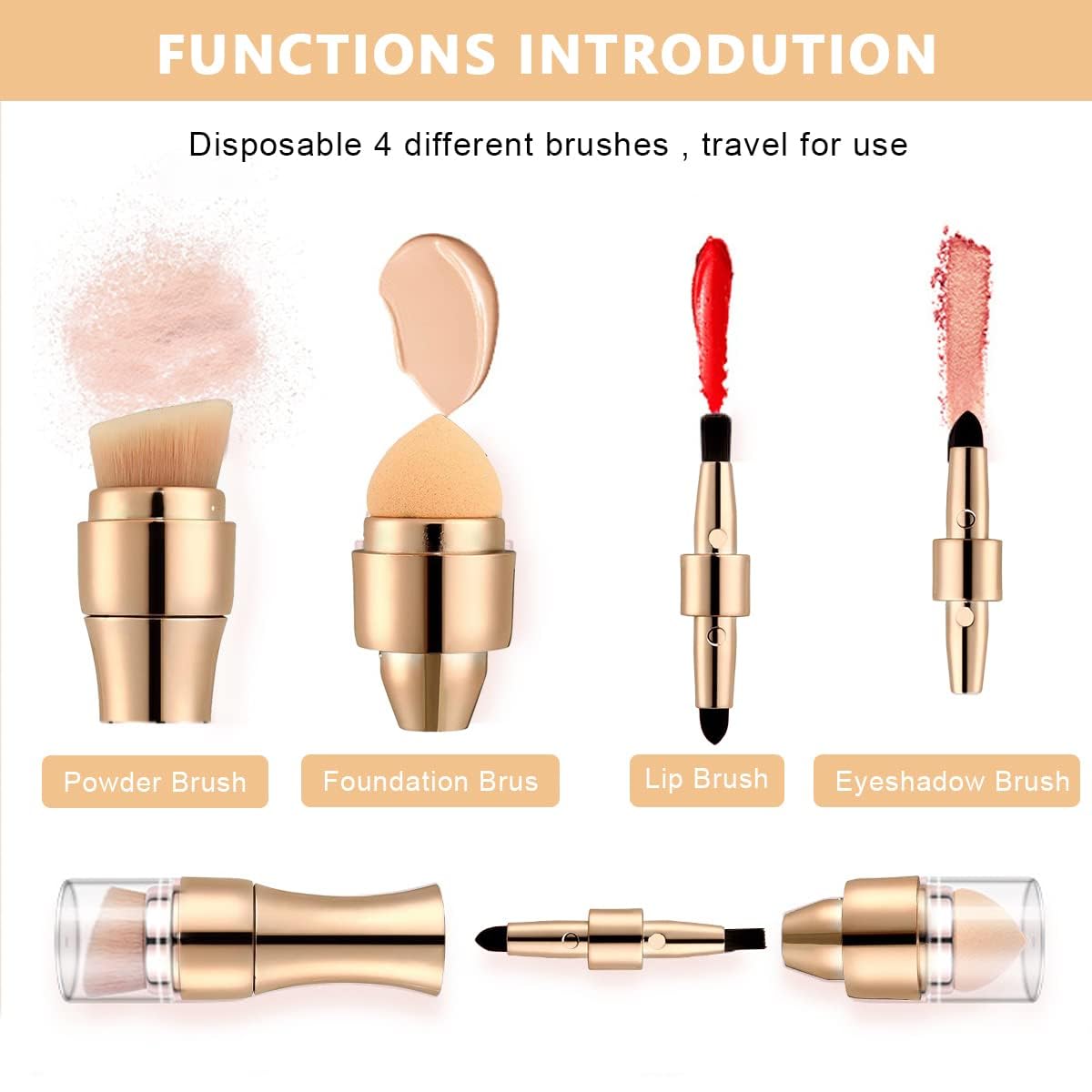 4 In 1 Makeup Brush featuring disposable brushes for powder, foundation, lips, and eyeshadow, perfect for travel.