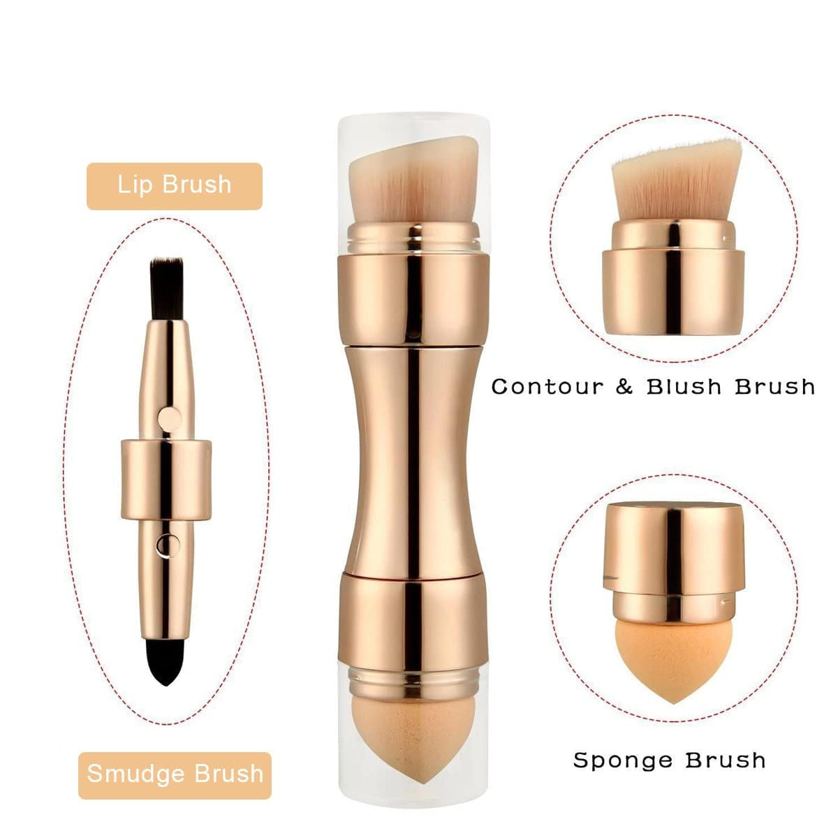 4 In 1 Makeup Brush featuring Lip Brush, Contour & Blush Brush, Smudge Brush, and Sponge Brush in a compact design.