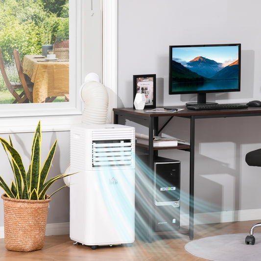 8000 BTU portable air conditioner cooling in home office with plants and computer setup.