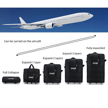 Extra large lightweight travel suitcase shown in various expansion stages next to an airplane.