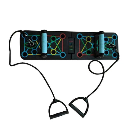 Multi-functional foldable push-up fitness board with resistance bands and ergonomic handles.