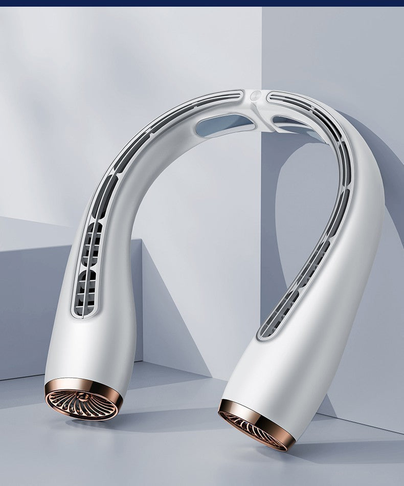 Portable bladeless neck fan designed for hands-free cooling and comfort, ideal for outdoor summer use.