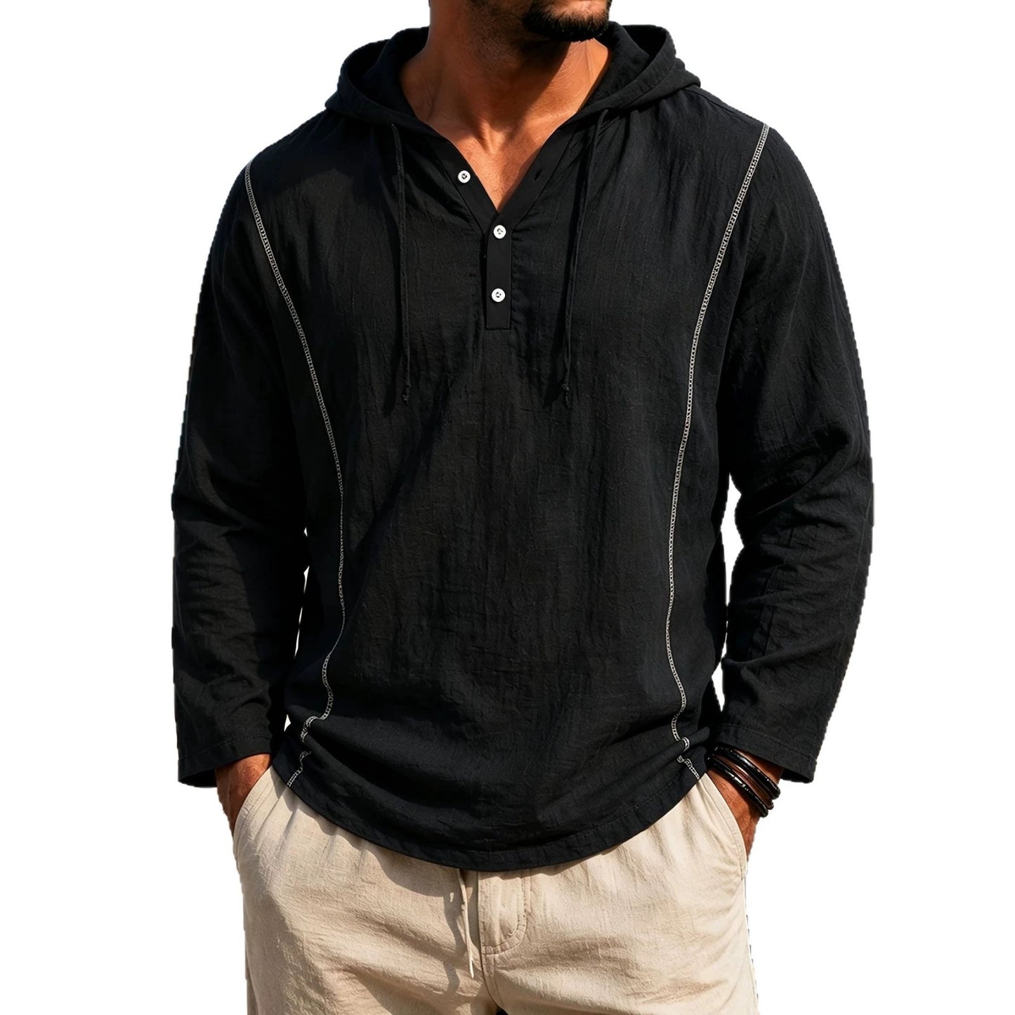 casual loose-fitting hooded sweatshirt for men in black with long sleeves and button details.