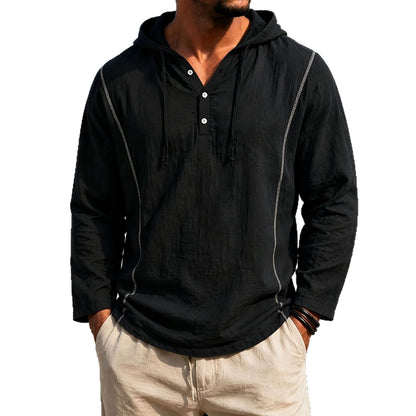 casual loose-fitting hooded sweatshirt for men in black with long sleeves and button details.