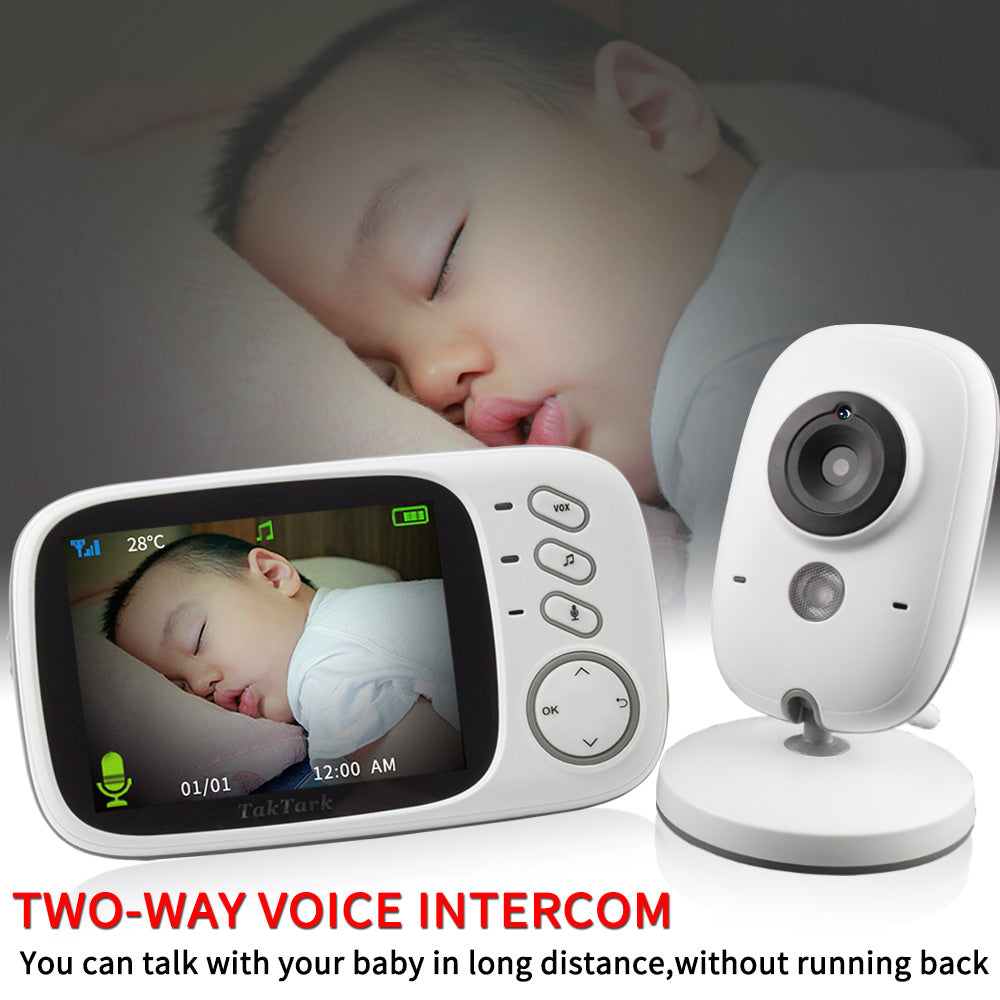 digital baby monitor with two-way intercom displaying sleeping baby and two-way intercom device