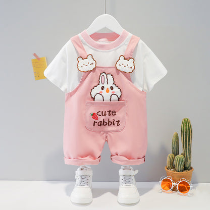 Baby summer cartoon overalls in pink with rabbit design, perfect for warm days.
