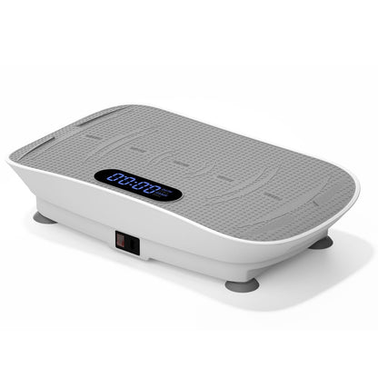 Quiet vibration plate exercise machine with digital display and compact design for home fitness.