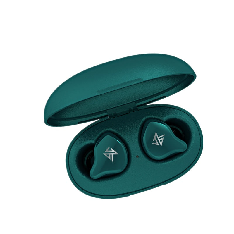 KZ S1 true wireless bluetooth headphones in green charging case, showcasing in-ear design and compact storage.