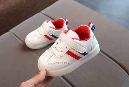 Kimmy White LED sneakers shoes featuring red and blue accents on a low-profile design.