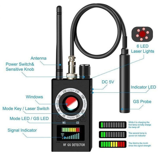 Hidden Camera Detector Locator GPS Bug Radio Detector Anti Spy Device features and controls diagram.