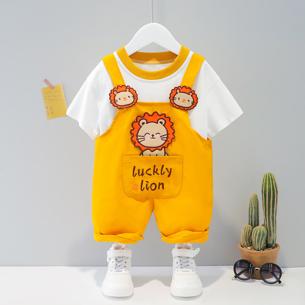 Baby summer cartoon overalls in yellow with lion design, perfect for warm days and stylish adventures.