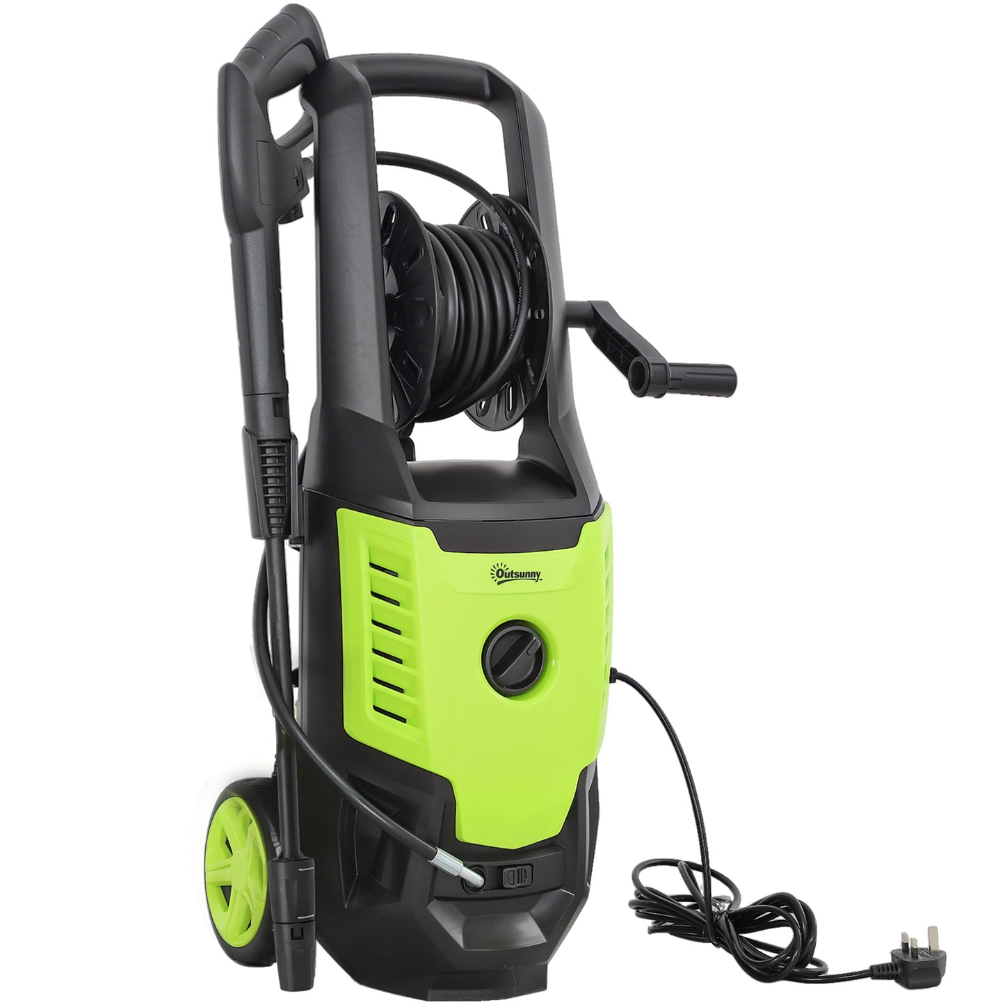 Portable electric pressure washer 2200W with hose reel, ideal for cleaning home and patio surfaces.