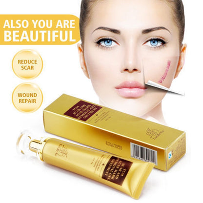 Acne scar removal cream packaging beside a woman's face demonstrating skin repair and scar reduction.