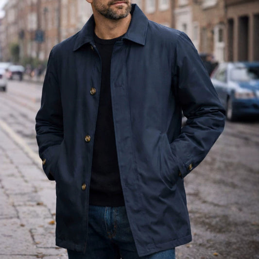 Men's retro waterproof cardigan coat in navy, featuring a casual style, perfect for spring and autumn.