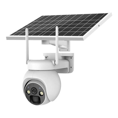 Wireless solar powered security camera with PIR motion detection featuring a solar panel and 360° rotation.