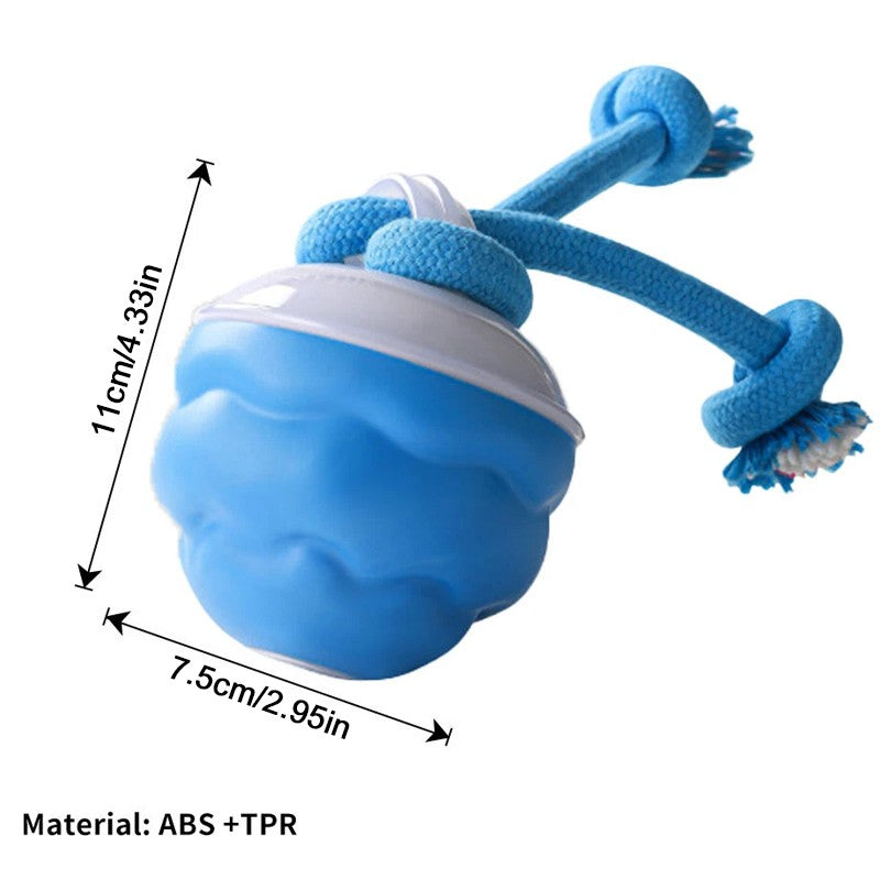 Smart dog boredom toy with motion-activated features and dual ropes for playful engagement.