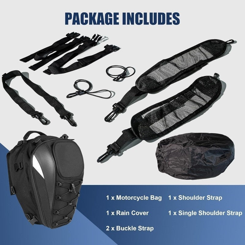 Motorcycle Rear Seat Tail Bag with package contents: straps, rain cover, and buckle straps for versatile usage.