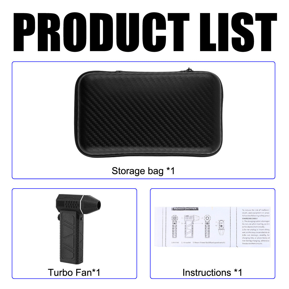 Product list showing mini jet turbo fan air blower, storage bag, and instructions.