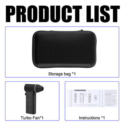 Product list showing mini jet turbo fan air blower, storage bag, and instructions.