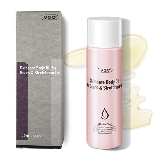Skincare Body Oil For Scars & Stretchmarks bottle and packaging on a white background, 120ml container.