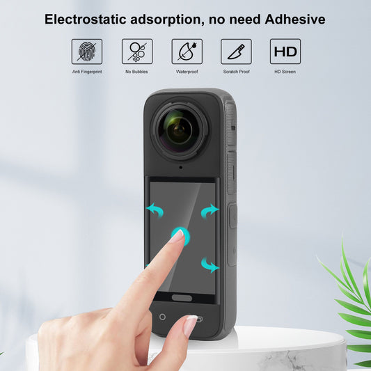 Insta360 X4 HD panoramic camera accessories showcasing transparent tempered film and features.