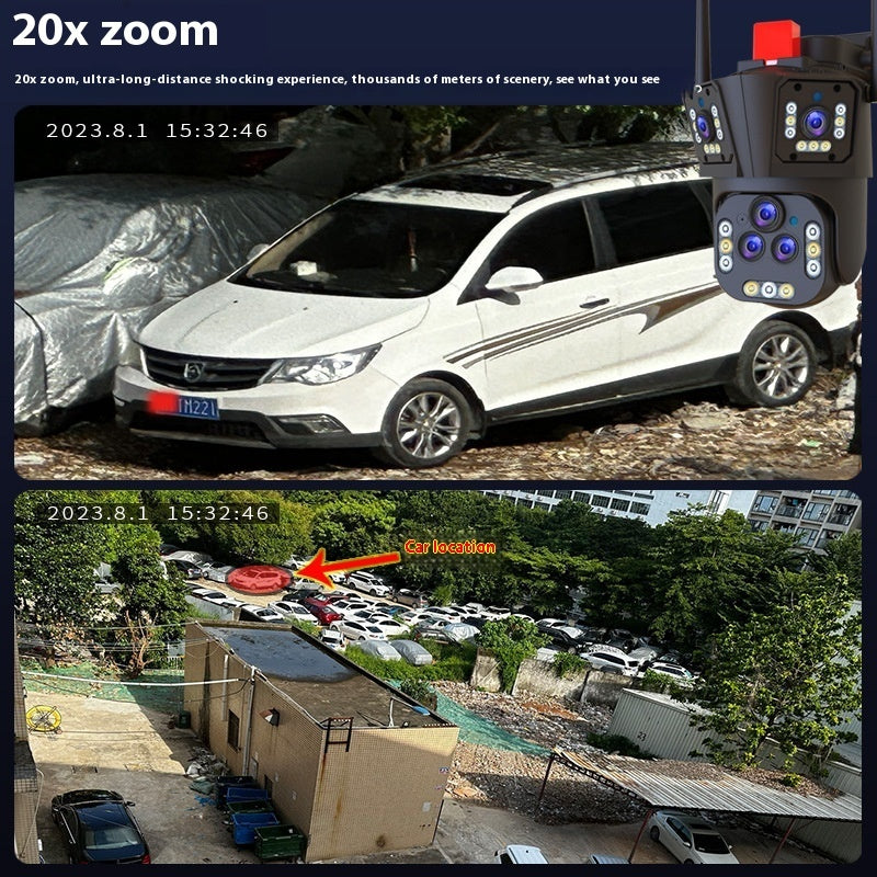 Outdoor surveillance cameras with monitors displaying 20x zoom images of a car and a parking area.