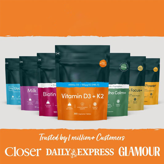 Packaging of Vitamin D3 K2 tablets 365 pieces alongside other dietary supplements in colorful bags.