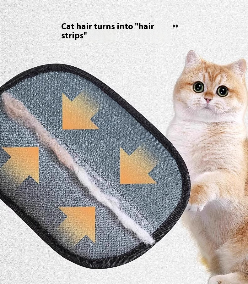 Electrostatic hair removal gloves for pets demonstrating cat hair transformation into strips.