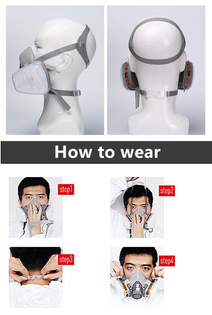 How to wear a reusable gas mask for spray painting with step-by-step instructions and diagram.