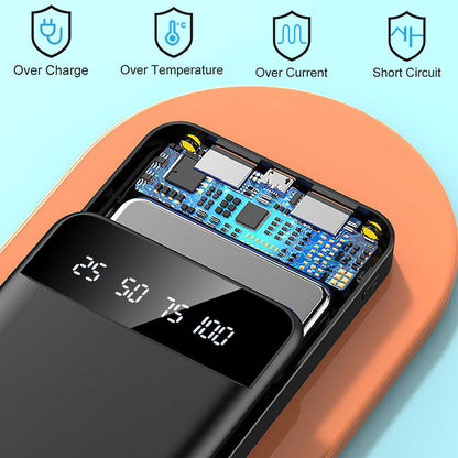 9000000mAh fast charger power bank showing internal components and safety features like Over Charge, Over Temperature, Over Current, Short Circuit.