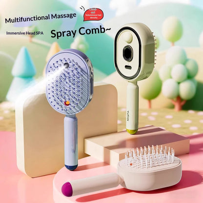 Electric massage hair brush with multifunctional massage feature and spray function for a soothing head spa experience.