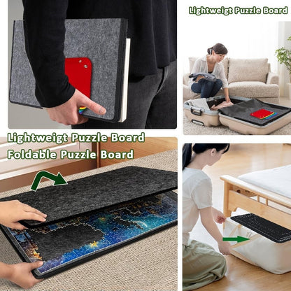 jigsaw puzzle board with sorting trays shown in use for jigsaw puzzles, lightweight and foldable design.